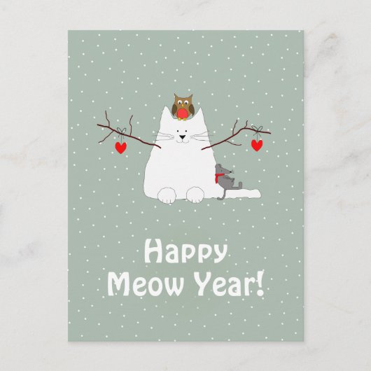 'Happy Meow Year' Snowcat Postcard Postkarte (Vorderseite)