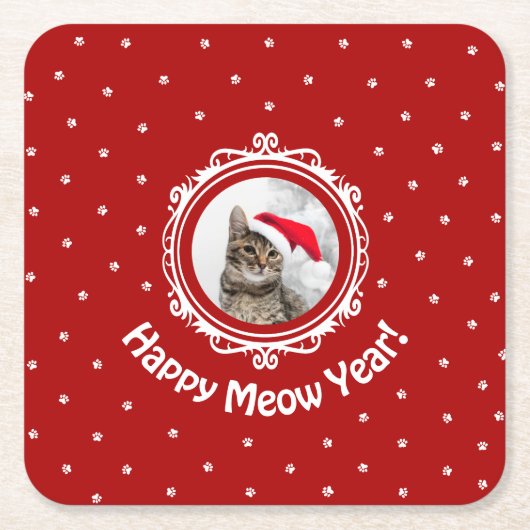 "Happy Meow Year"! Weihnachtskatzenpapier-Unterset Rechteckiger Pappuntersetzer (Vorderseite)