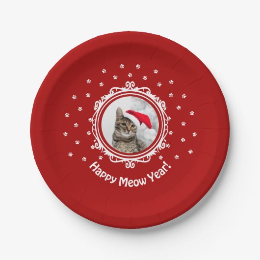 "Happy Meow Year"! Weihnachtsschild für Katzen Pappteller (Vorderseite)