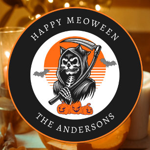 Happy Meoween Spooky Grim Sensenmann Cat Halloween Runder Aufkleber