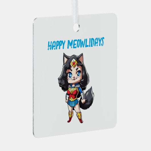 Happy Meowlidays Wonder Cat Ornament Aus Metall (Vorderseite Rechts)