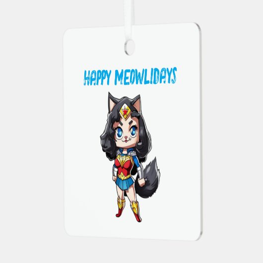 Happy Meowlidays Wonder Cat Ornament Aus Metall (Vorderseite links)