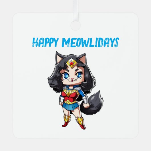 Happy Meowlidays Wonder Cat Ornament Aus Metall (Vorderseite)