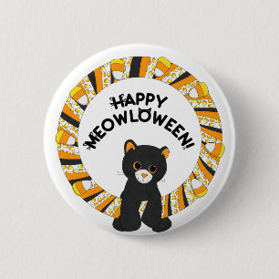 Happy Meowloween Black Cat Halloween Candy Corn Button