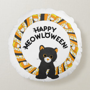 Happy Meowloween Black Cat Halloween Candy Corn Rundes Kissen