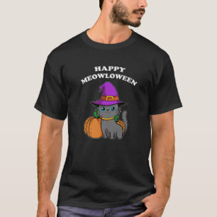 Happy Meowloween Black Cat Hexe Pumpkin Funny Hal T-Shirt