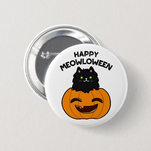 Happy Meowloween Funny Halloween Black Cat Puff Button (Vorne & Hinten)