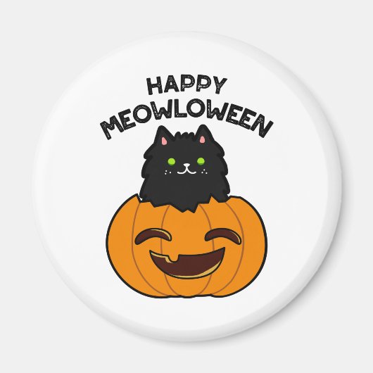 Happy Meowloween Funny Halloween Black Cat Puff Magnet (Vorne)