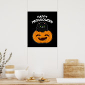 Happy Meowloween Funny Halloween Pun Dark BG Poster (Küche)