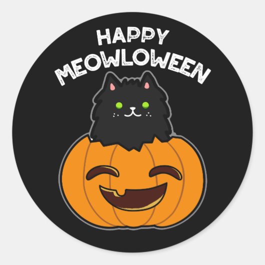 Happy Meowloween Funny Halloween Pun Dark BG Runder Aufkleber (Vorderseite)