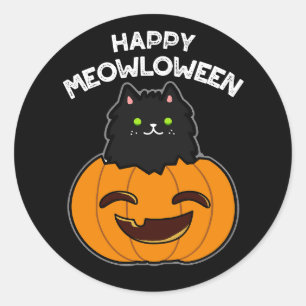 Happy Meowloween Funny Halloween Pun Dark BG Runder Aufkleber