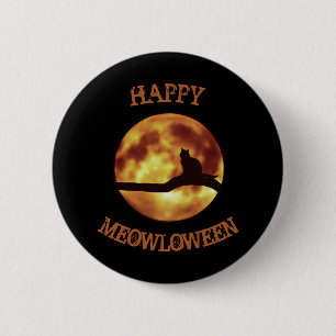 Happy MEOWloween Moon Black Cat Silhouette Pun Button