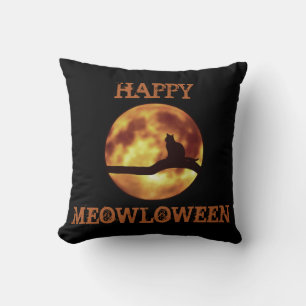 Happy MEOWloween Moon Black Cat Silhouette Pun Kissen