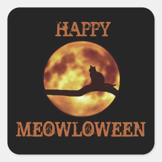 Happy MEOWloween Moon Black Cat Silhouette Pun Quadratischer Aufkleber (Vorderseite)