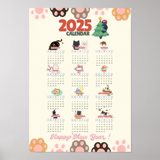 Happy Mew Year 2025 Wand Kalender für Katzenliebha Poster (Vorne)