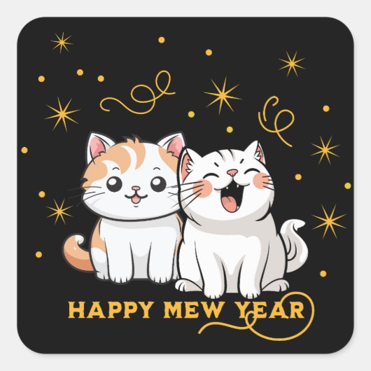 Happy Mew Year Party Cat Puff Quadratischer Aufkleber (Vorderseite)