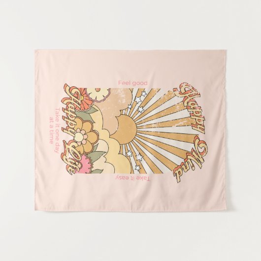 Happy Mind Happy Life Hippy Groovy Vibes Wandteppich (Vorderseite (Horizontal))