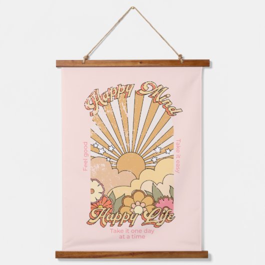 Happy Mind Happy Life Hippy Groovy Vibes Wandteppich Mit Holzrahmen (Vorderseite)