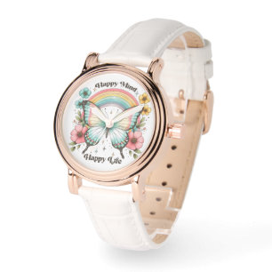 "Happy Mind Happy Life" Pastel Butterfly & Rainbow Armbanduhr
