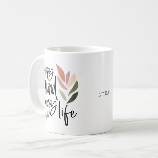 Happy Mind Happy Life positive Zitat Name Kaffeetasse (Vorderseite Links)
