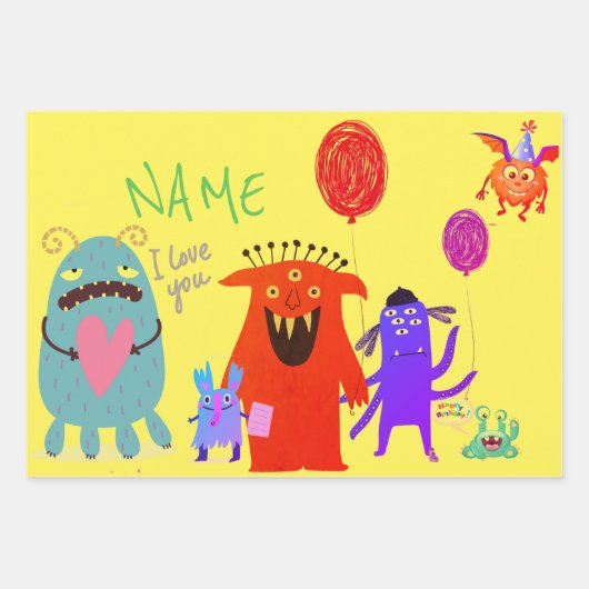 HAPPY MONSTER CUSTOM TEXT GIFT WRAP FLAT SHEETS GESCHENKPAPIER SET (Vorderseite 3)