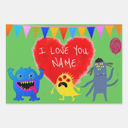HAPPY MONSTER CUSTOM TEXT GIFT WRAP FLAT SHEETS GESCHENKPAPIER SET (Vorderseite 2)