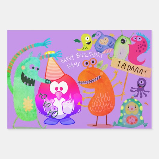 HAPPY MONSTER CUSTOM TEXT GIFT WRAP FLAT SHEETS GESCHENKPAPIER SET (Vorderseite)
