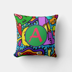 HAPPY MONSTER DOODLE CRITTERS PILLOW INITIAL KISSEN