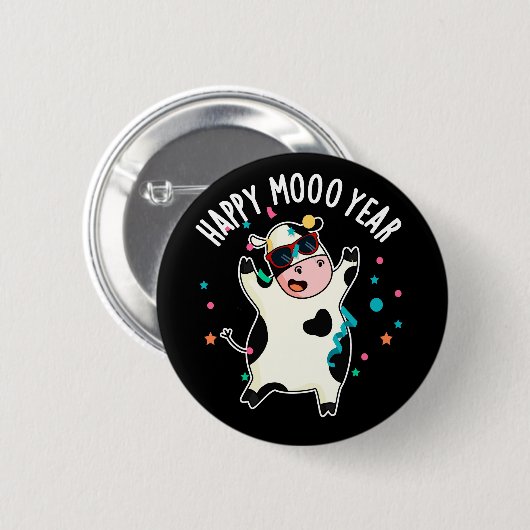 Happy Moo Year Funny Cow Pun Dark BG Button (Vorne & Hinten)