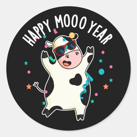 Happy Moo Year Funny Cow Pun Dark BG Runder Aufkleber (Vorderseite)