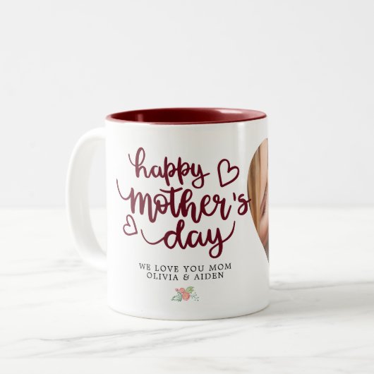 Happy Mother Day Foto Custom Text Burgundy Zweifarbige Tasse (Vorderseite Links)