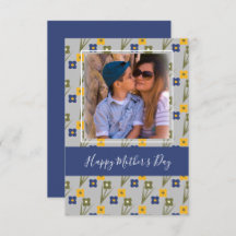 Happy Mother Day Simple Florals Blue Card