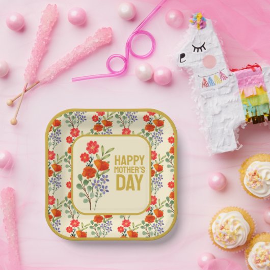 Happy Mother Day Wildblumen Gold Frame Pappteller (Party)