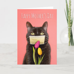 Happy Mother's Day Cat in Face Mask With Flowers Feiertagskarte