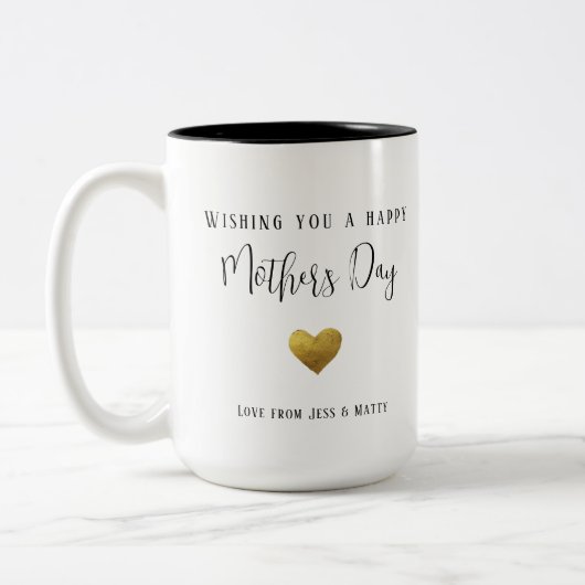 Happy Mother's Day Gold Heart, schwarze Typografie Zweifarbige Tasse (Links)