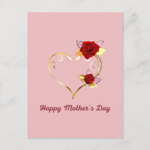Happy Mother's Day Gold Heart und Rote Rosen Postkarte