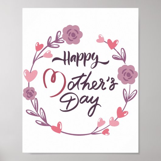 Happy Mother's Day Hearts Floral Wreath Bouquet Poster (Vorne)