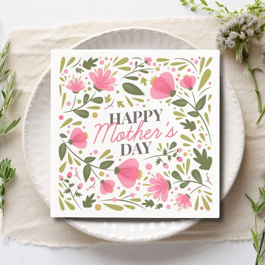 Happy Mother's Day Modern Pink Floral Botanical Serviette