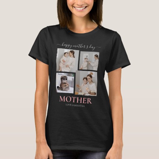 Happy Mothers Day Simple Modern Script Vier Foto T-Shirt (Vorderseite)