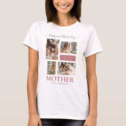 Happy Mothers Day Simple Modern Script Vier Foto T-Shirt (Vorderseite)
