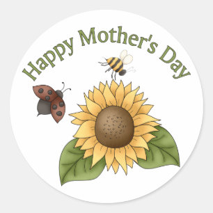Happy Mothers Day Sonnenblume, Schmetterling, Bien Runder Aufkleber