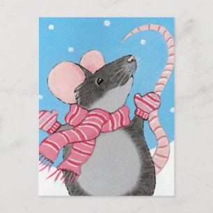 Happy Mouse in Snow Festive Postcard Postkarte
