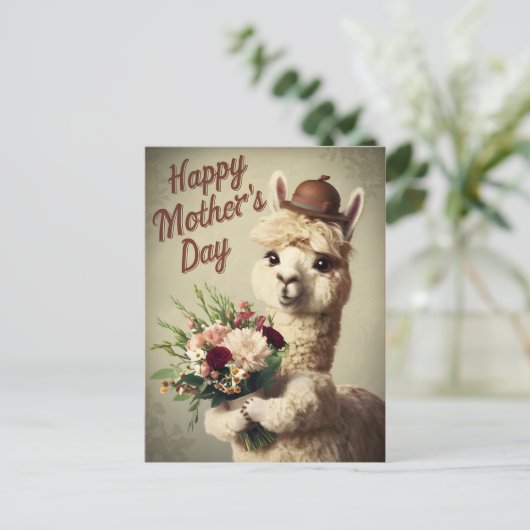 Happy Mthers Day Alpaca Vintag Postkarte (Stehend Vorderseite)