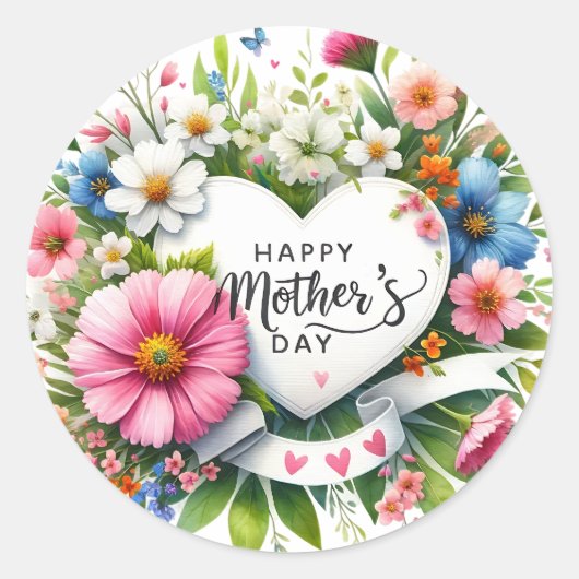 Happy Mthers Day Floral Heart Runder Aufkleber (Vorderseite)