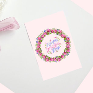 Happy Mthers Day Pink Floral Wreath Feiertagskarte