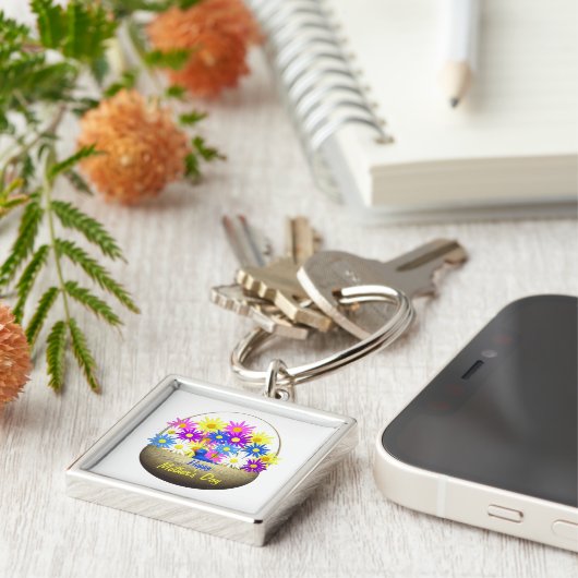 Happy Mütter Day Basket of Daisies and Blue Bird Schlüsselanhänger (Seite)