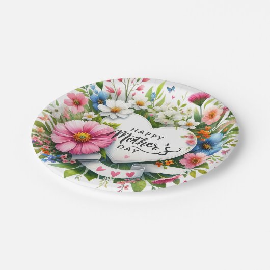 Happy Mütter Day Floral Herzen Pappteller (Schrägansicht)