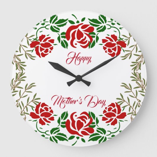 Happy Mütter Day Rote Rose Blumengrün Mauer Große Wanduhr (Vorderseite)