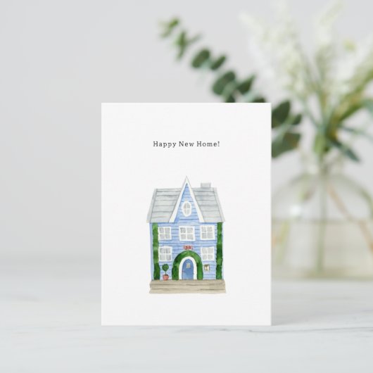 Happy New Home Quote Blue House Illustration Card Postkarte (Stehend Vorderseite)