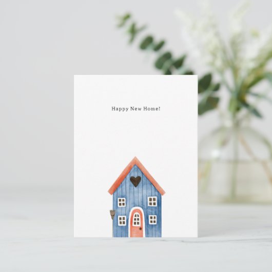 Happy New Home Quote Blue House Illustration Card Postkarte (Stehend Vorderseite)